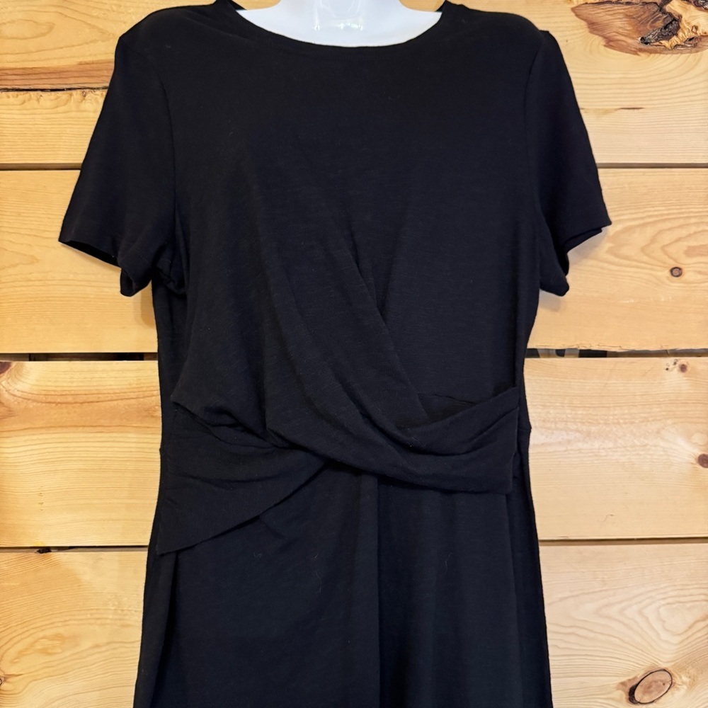 Loft Women Black Short Sleeve Faux Wrap Midi Dress Size L Cotton - Picture 5 of 8